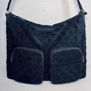 Vera Bradley Microfiber Quilted‎ Black Shoulder Bag Purse Yellow Floral Lining